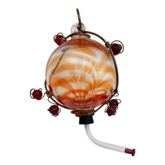 Orange Swirl Blown Glass Copper Hanger Hummingbird Feeder Runner Stopper EUC - Picture 1 of 5